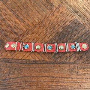 Burnt red leather bracelet with blue stones and gold links